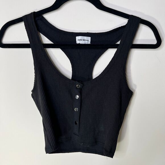 Superdown Revolve Toni Crop Top XS Black Snap Front Ribbed Cotton Blend Stretch - Picture 1 of 5